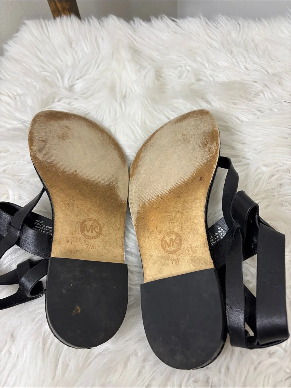 Michael Kors Black Leather Strappy Sandals with Gold MK Accent Size 7